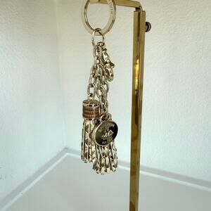 BRAHMIN Leather Tassel Key Ring Bag Charm Gold Hardware Logo Medallion